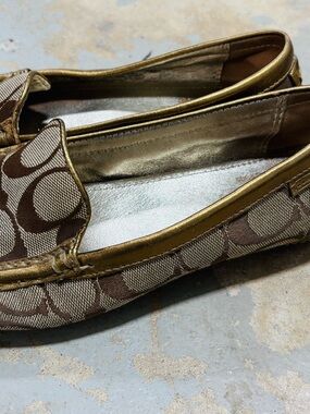 Coach Brown Signature Jacquard Slip-On Loafers with Gold Trim